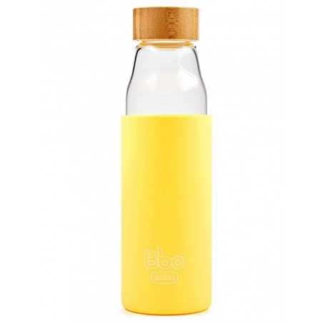 botella bbo18 borosilicato con silicona amarilla y tapon de bambu 500ml